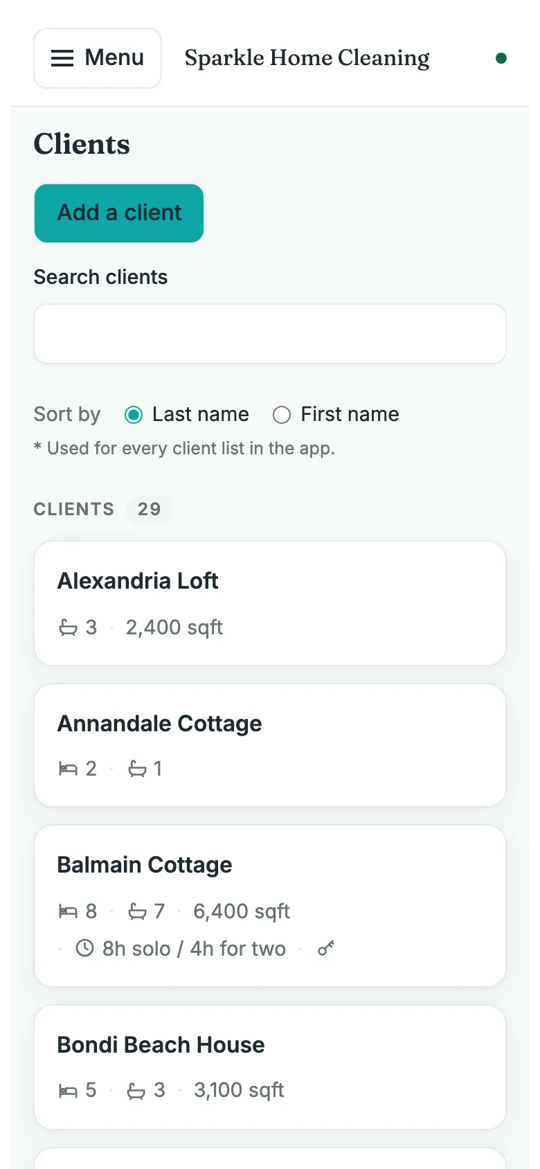The clients list: each card names the client and shows small drawn marks for bedrooms, bathrooms, square feet and hours.