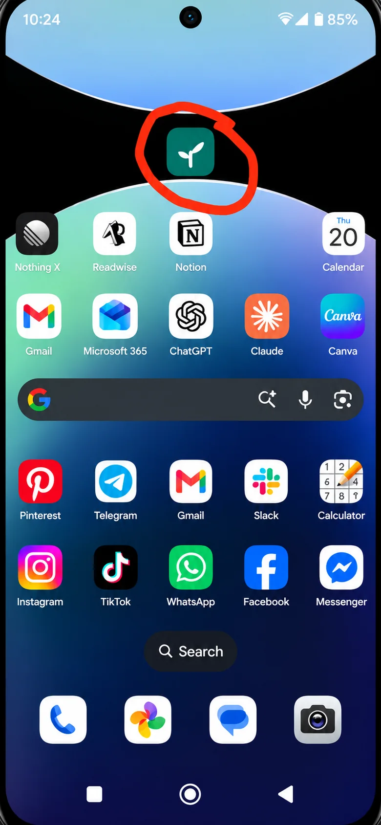 An Android home screen: the TendMate icon, ringed in red, sits above the other apps.