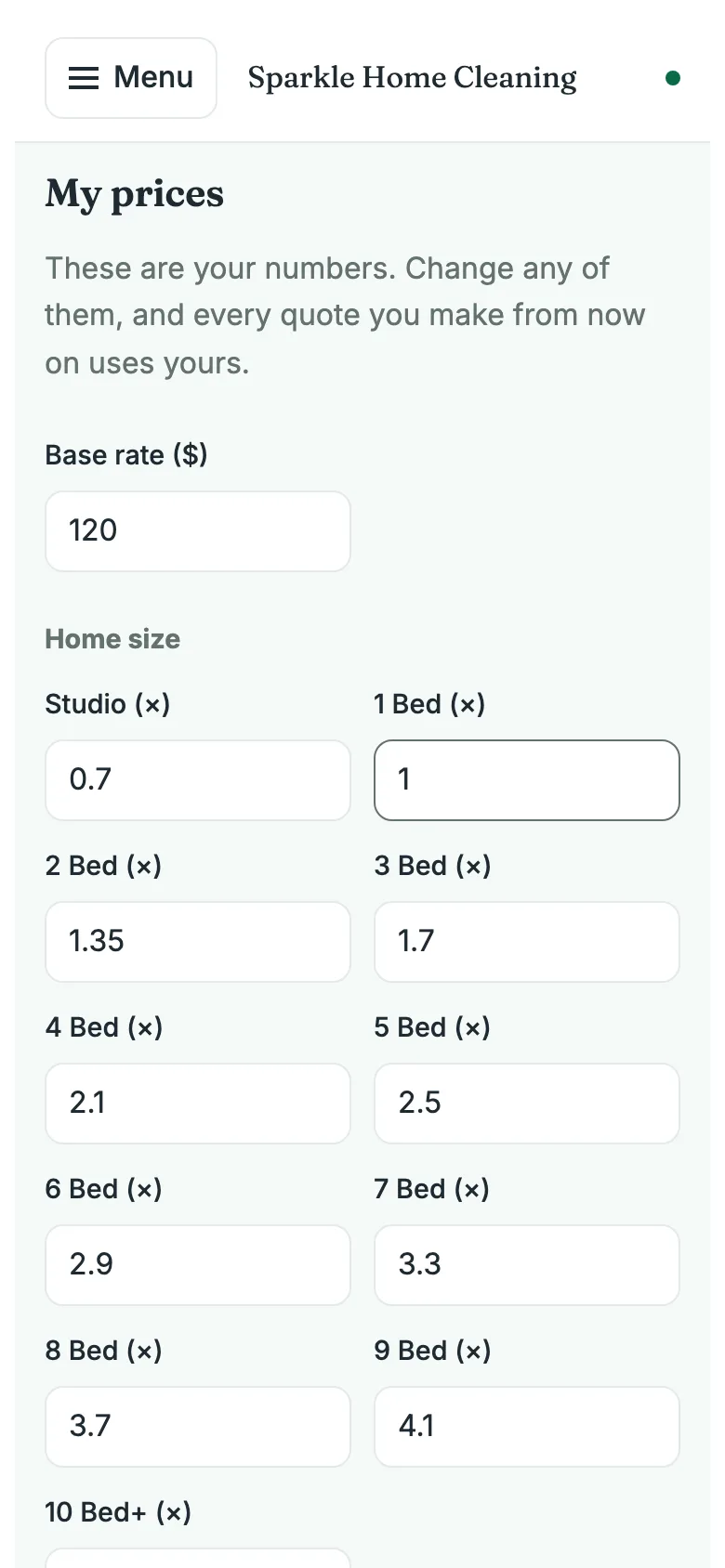 The My prices screen: a base rate and a grid of multipliers by home size.