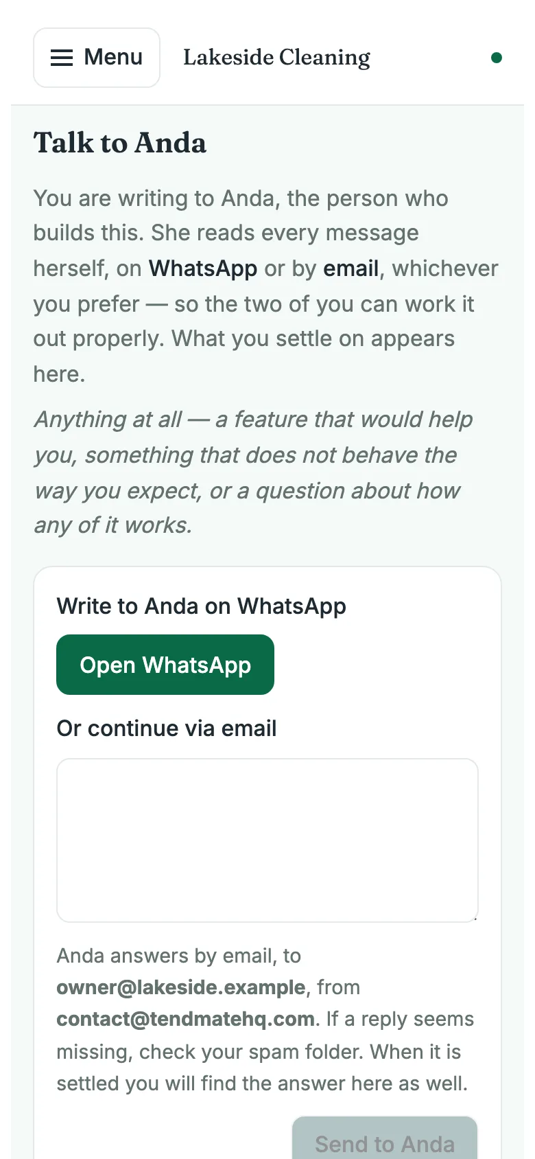 The Talk to Anda screen: a box for what you need, and below it the questions already asked, each with its state.