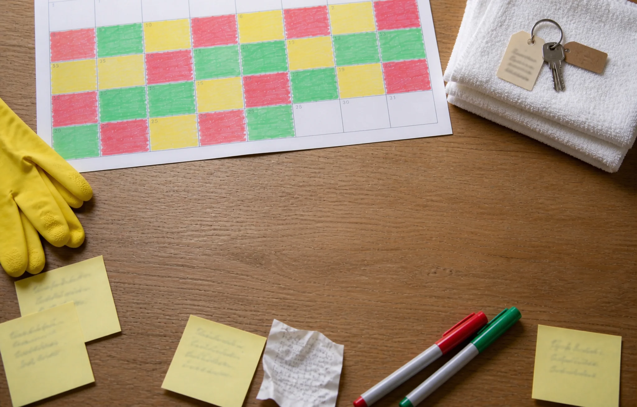A paper month calendar on a kitchen table, its days coloured in red, yellow and green marker, beside rubber gloves, folded towels, tagged house keys and sticky notes.
