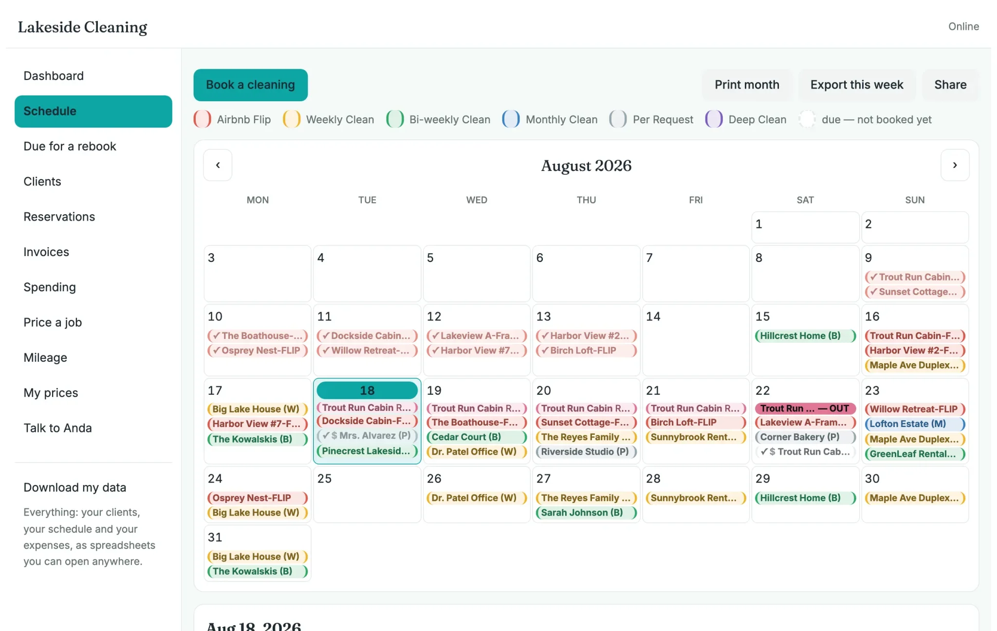 The TendMate month calendar of a cleaning business, every visit colour-coded by the kind of work, with a check-out day flagged OUT.